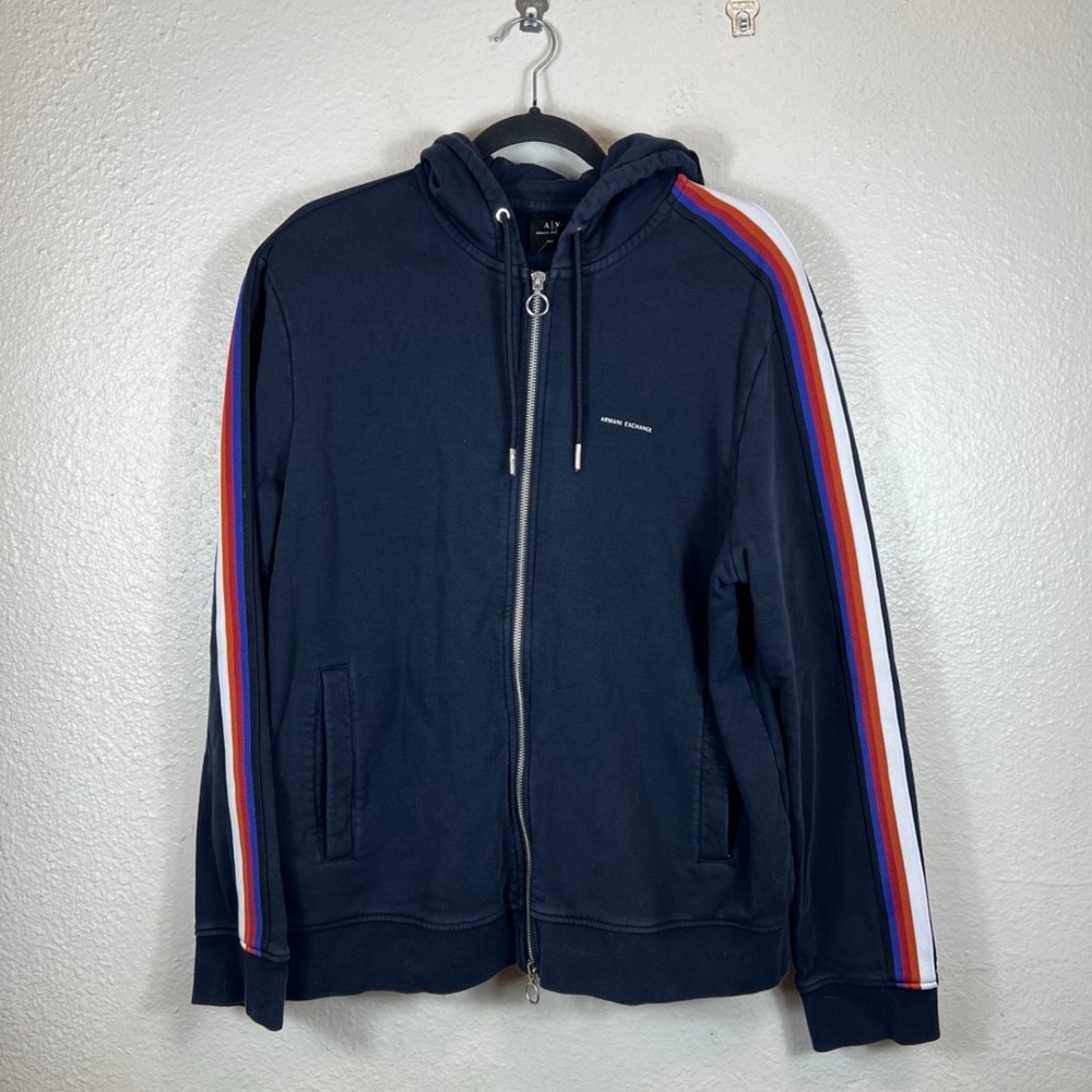 Armani Exchange Rare Navy Zip-Up Sweater with Striped Sleeves XL